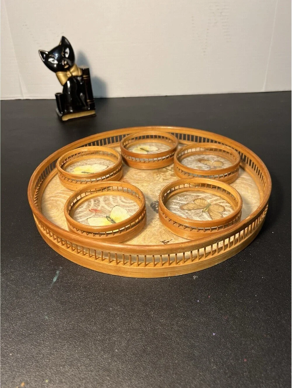 Japanese 1970s Set 5 Bamboo Pressed Butterfly Coasters & Serving Tray, 11x1.5”